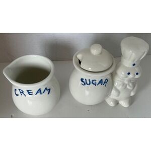 Pillsbury Y2K Cream and Sugar Set Doughboy Ceramic White Blue Kitchenware 2002